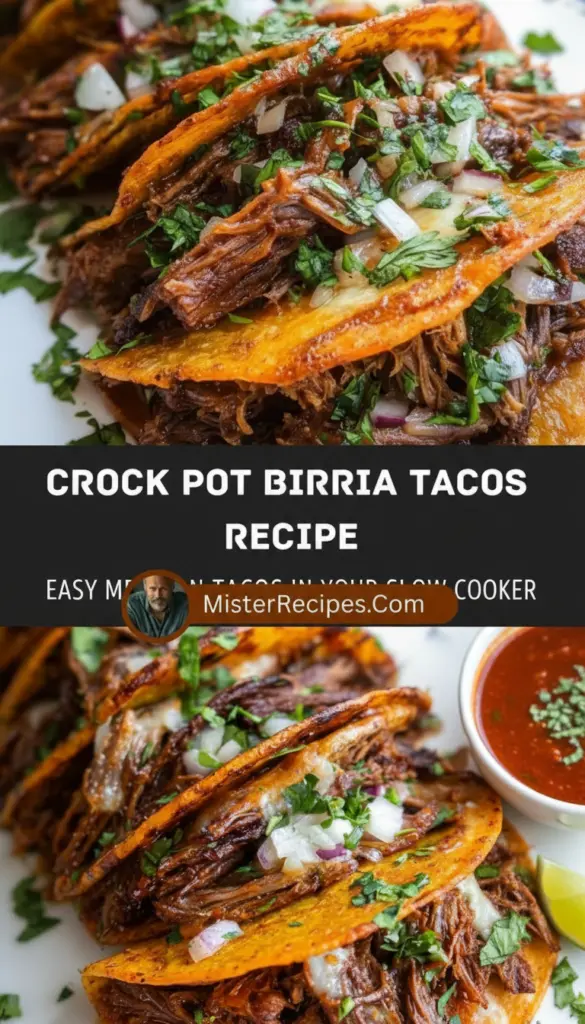 recipe image of a close up high angle top down mise en place shot of fresh ingredients for crock pot birria tacos including beef chuck roast birria seasoning corn tortillas cilantro onion lime jalapeo garlic cumin oregano chili powder tomato sauce beer broth arranged on a white marble kitchen counter with healthy clear glass bowls and rustic brown wooden kitchen sets under soft diffuse daylight
