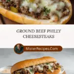 recipe image of a top down mise en place shot showing fresh ground beef provolone cheese hoagie rolls onions peppers garlic salt pepper oil butter mushrooms tomatoes lettuce pickle slices arranged on a white marble kitchen counter with healthy clear glass bowls and rustic brown wooden kitchen sets under soft diffuse daylight
