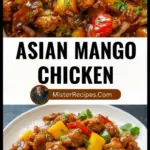 recipe image of top down mise en place photograph showing fresh ingredients for asian mango chicken arranged on a white marble kitchen counter in clear glass bowls with rustic brown wooden kitchen sets under soft diffuse daylight including fresh sliced mango diced chicken breast cooked rice soy sauce grated ginger minced garlic sliced bell peppers broccoli florets sliced carrots cashews creamy coconut milk and fresh lime juice realistic photography style