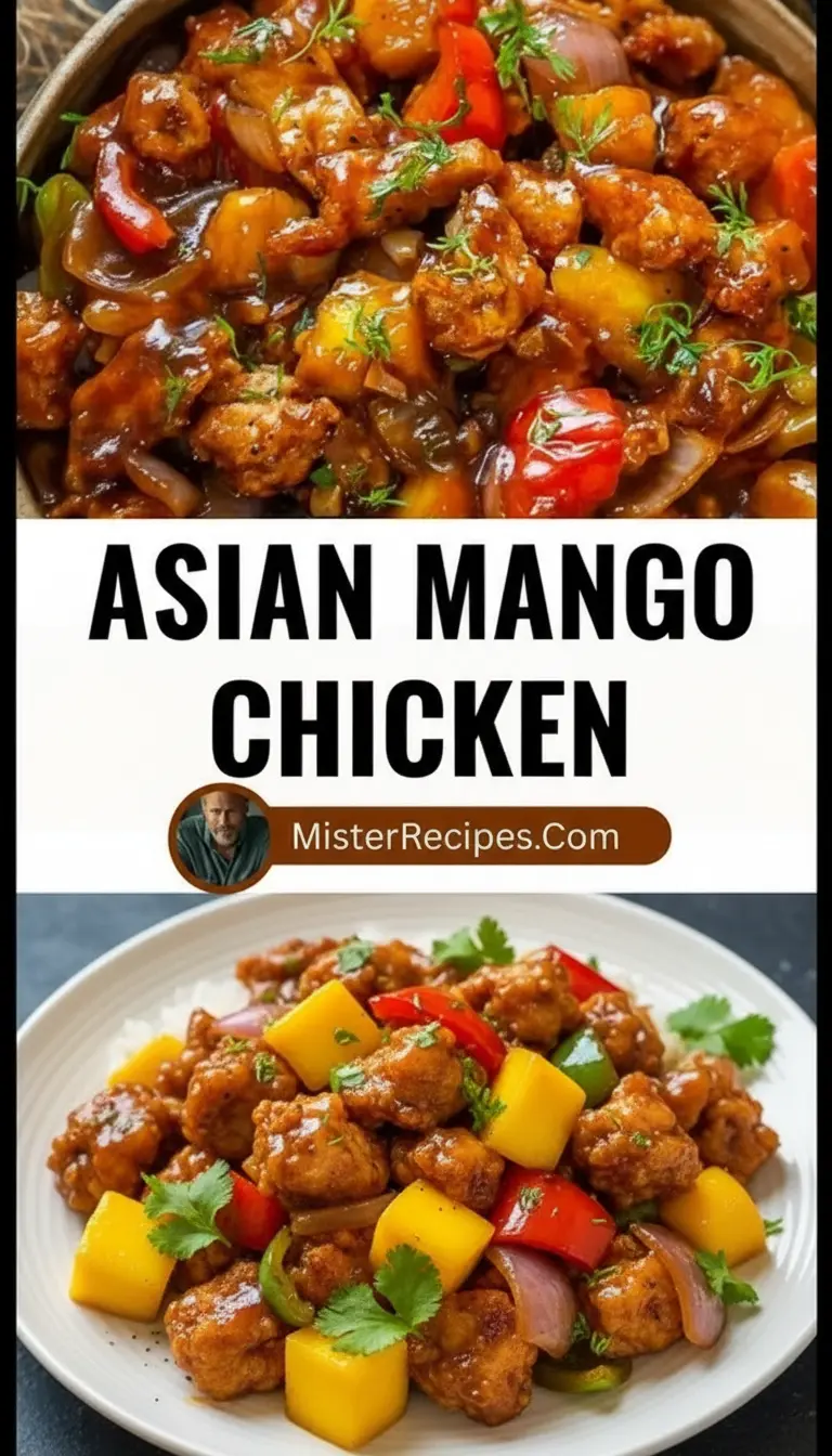 recipe image of top down mise en place photograph showing fresh ingredients for asian mango chicken arranged on a white marble kitchen counter in clear glass bowls with rustic brown wooden kitchen sets under soft diffuse daylight including fresh sliced mango diced chicken breast cooked rice soy sauce grated ginger minced garlic sliced bell peppers broccoli florets sliced carrots cashews creamy coconut milk and fresh lime juice realistic photography style