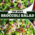 recipe image of broccoli mayonnaise cream cheese red onion apples grapes almonds walnuts dried cranberries raisins feta cheese blue cheese cheddar cheese bacon bits lemon juice apple cider vinegar garlic powder salt pepper olive oil honey dijon mustard arranged on a white marble kitchen counter with healthy clear glass bowls and rustic brown wooden kitchen sets under soft diffuse daylight