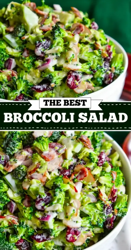 recipe image of broccoli mayonnaise cream cheese red onion apples grapes almonds walnuts dried cranberries raisins feta cheese blue cheese cheddar cheese bacon bits lemon juice apple cider vinegar garlic powder salt pepper olive oil honey dijon mustard arranged on a white marble kitchen counter with healthy clear glass bowls and rustic brown wooden kitchen sets under soft diffuse daylight