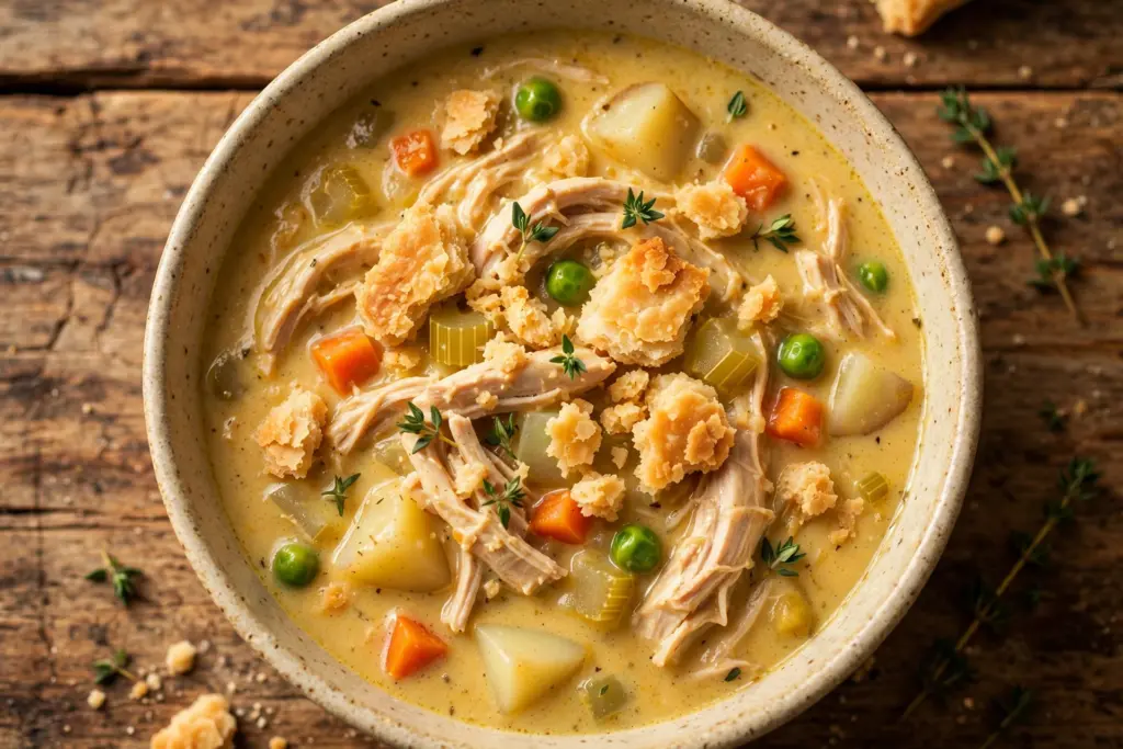 Bowl of creamy chicken pot pie soup with shredded chicken, carrots, peas, potatoes and pie crust crumbles