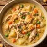 Bowl of creamy chicken pot pie soup with shredded chicken, carrots, peas, potatoes and pie crust crumbles