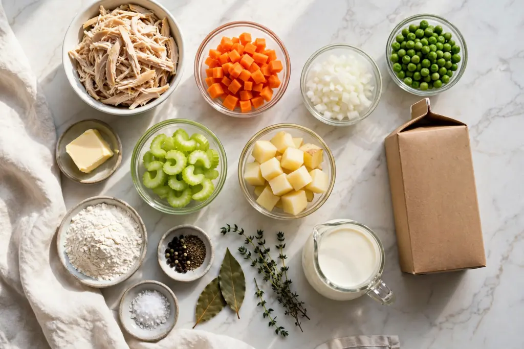 Ingredients for chicken pot pie soup: shredded chicken, carrots, celery, onion, peas, potatoes, butter, flour, broth, cream and herbs