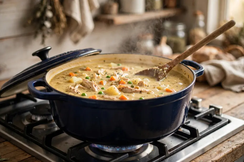 Pot of creamy chicken pot pie soup simmering on the stove