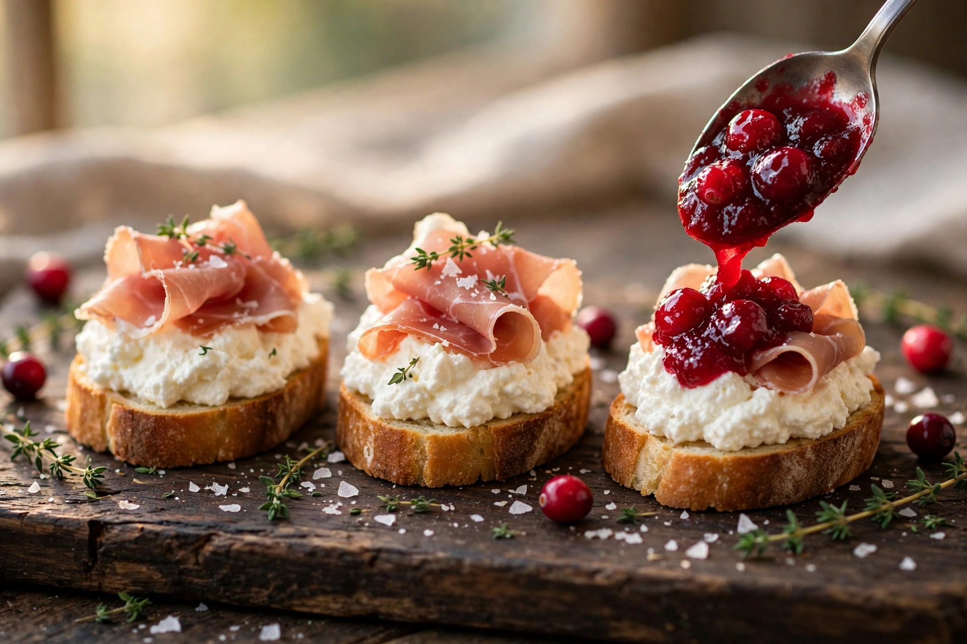 Close-up of whipped ricotta crostini with prosciutto, cranberry sauce and fresh thyme on a wooden board