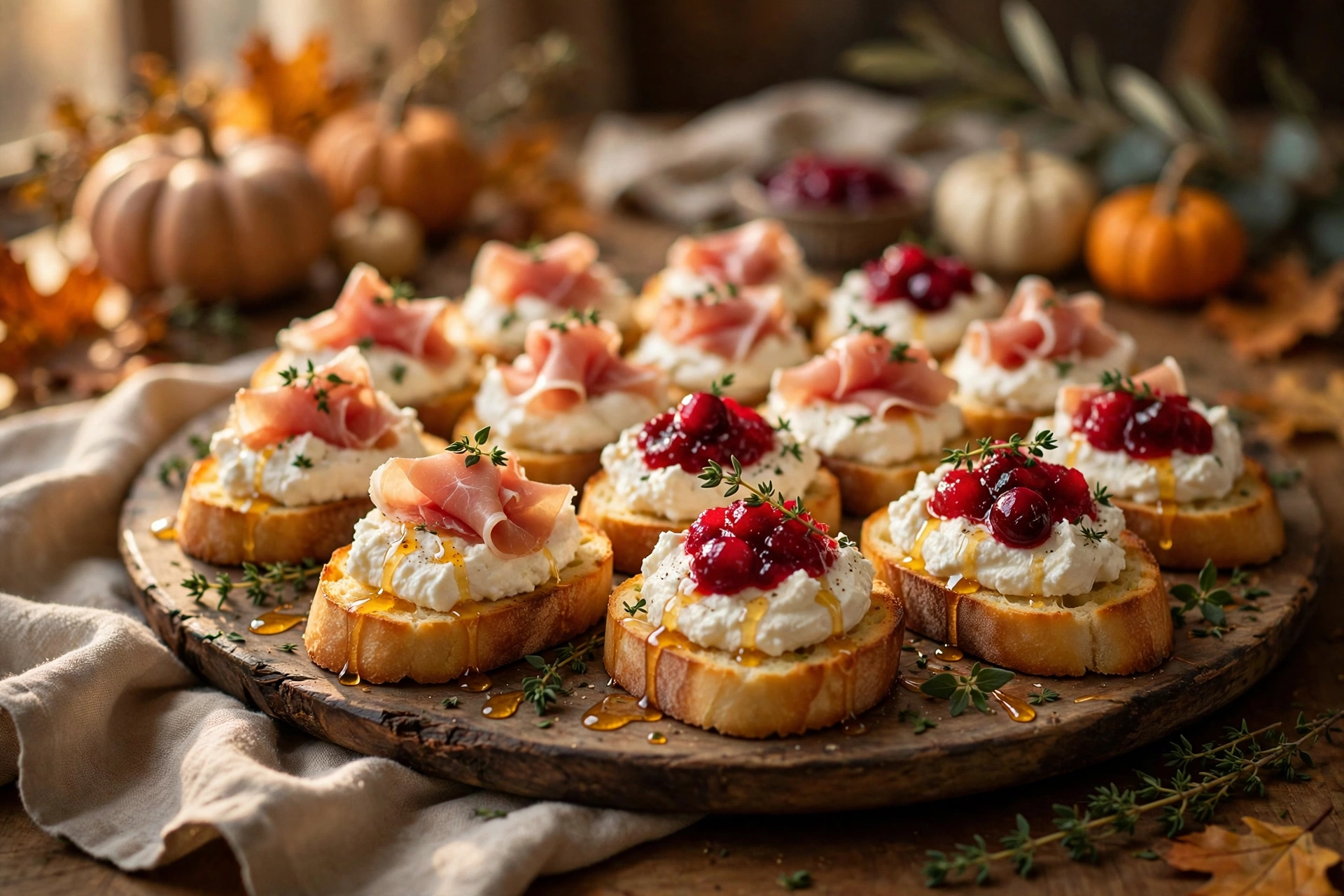 Whipped ricotta crostini topped with prosciutto and cranberry sauce on a rustic serving platter