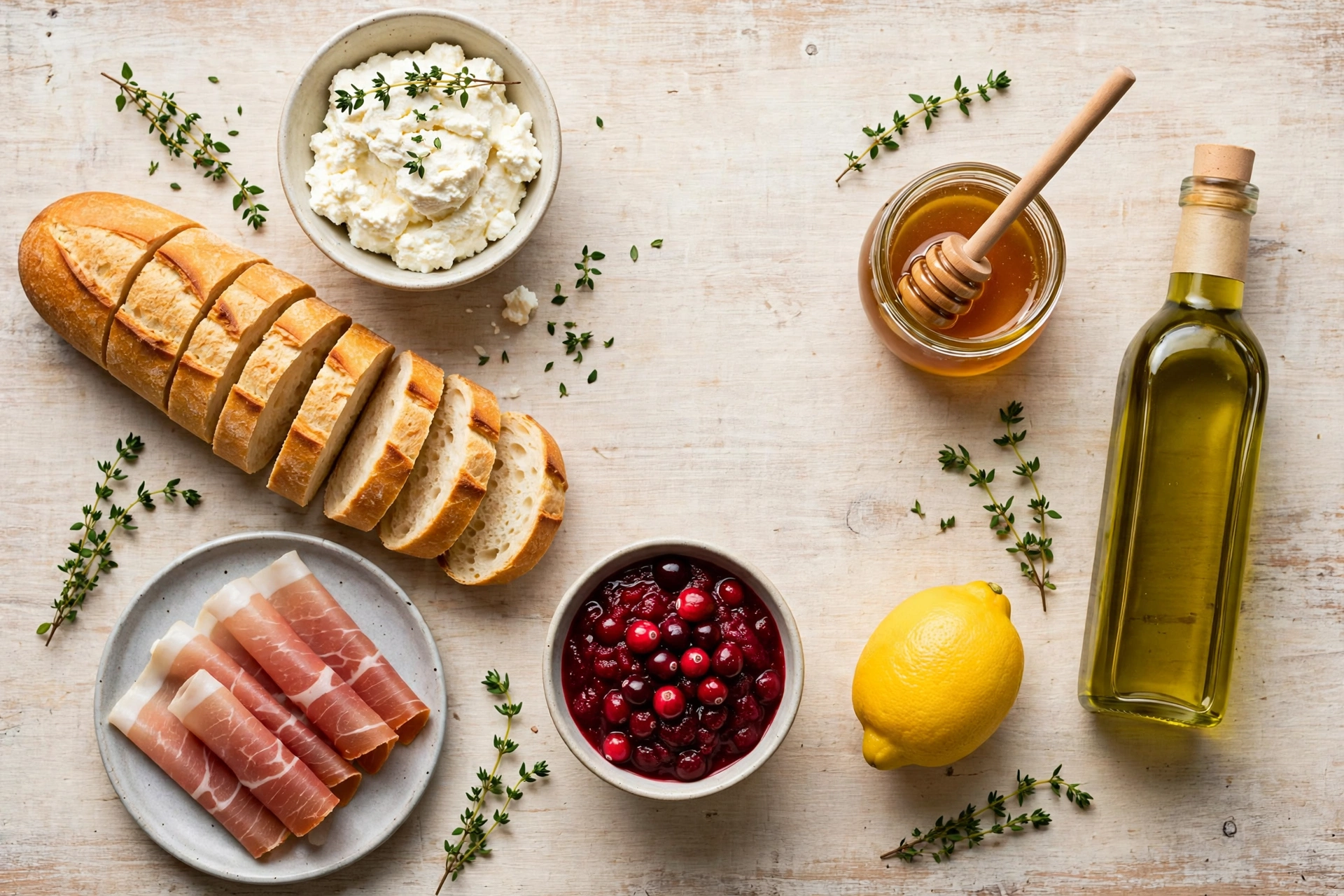Ingredients for whipped ricotta crostini: ricotta, baguette, prosciutto, cranberry sauce, lemon, honey, olive oil and thyme